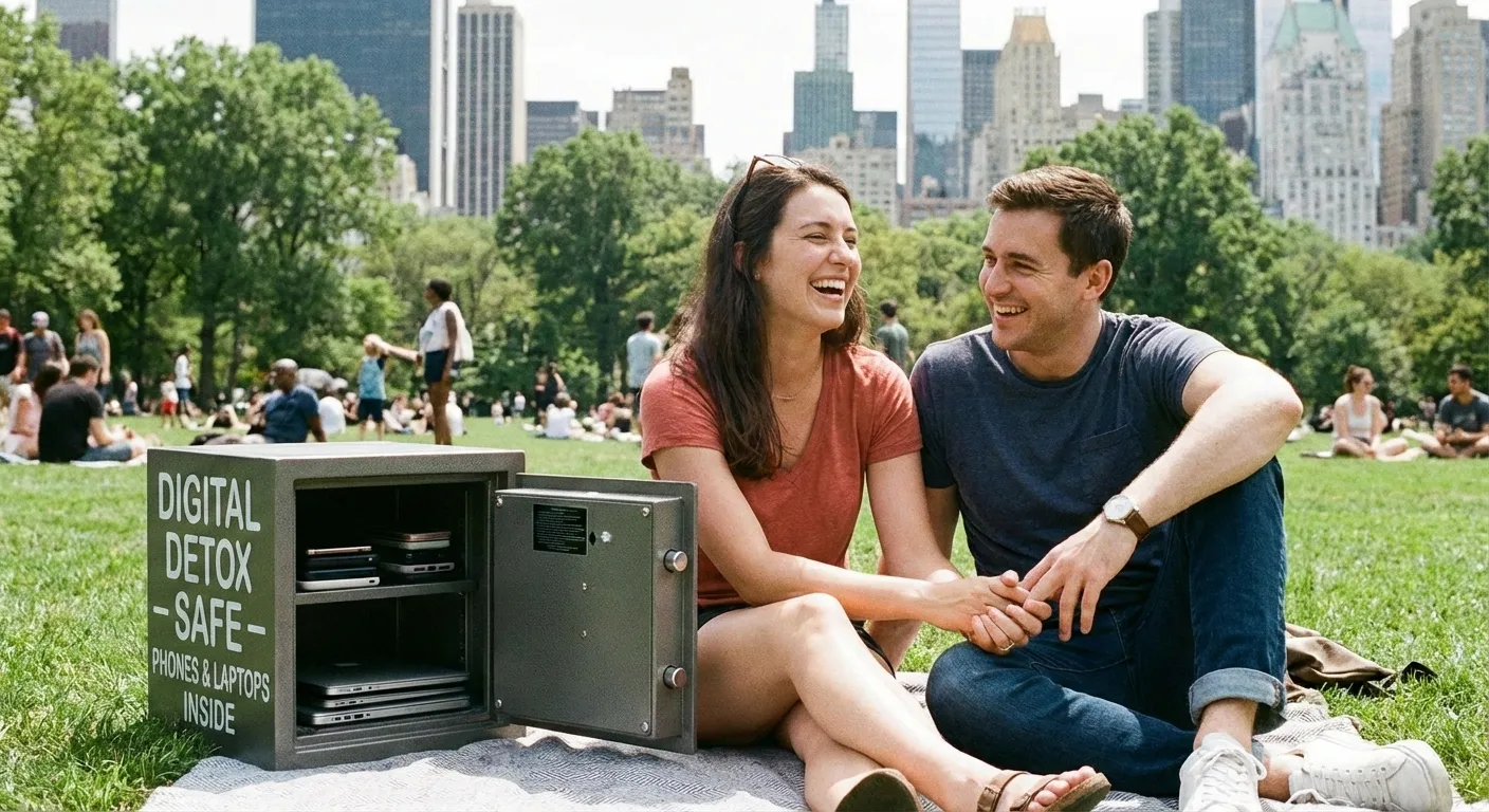 Lidé v parku se sejfem na mobily a počítače